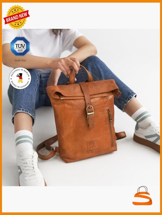 Vintage Genuine Leather Backpack for Women - Small Daypack with Roll-Top Closure